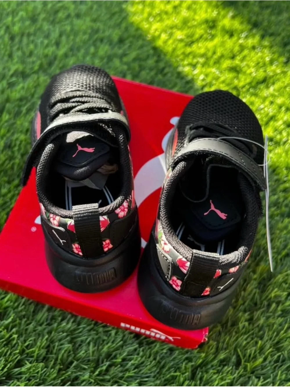 Puma Kids Black Sneakers with Pink Floral Accents